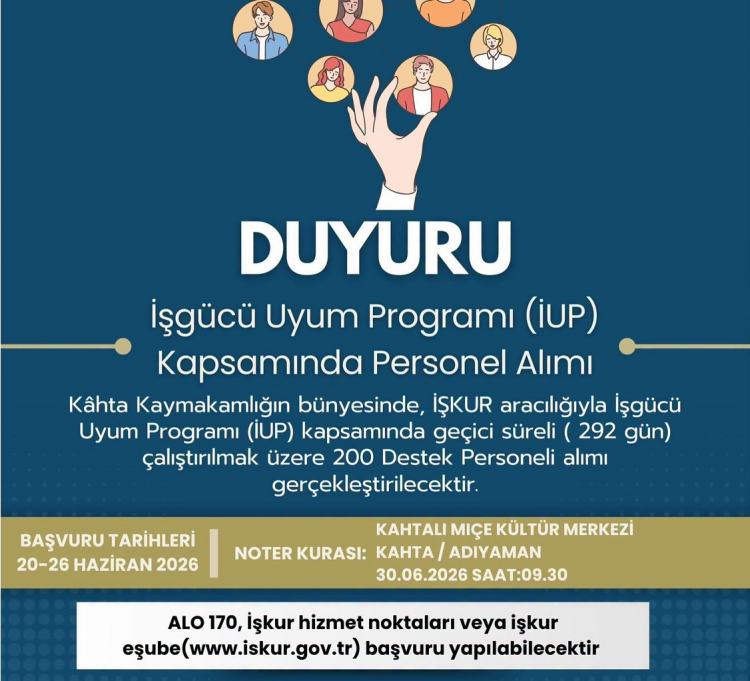 Kahta Kaymakamlığı Bünyesinde 200 Personel Alınacak